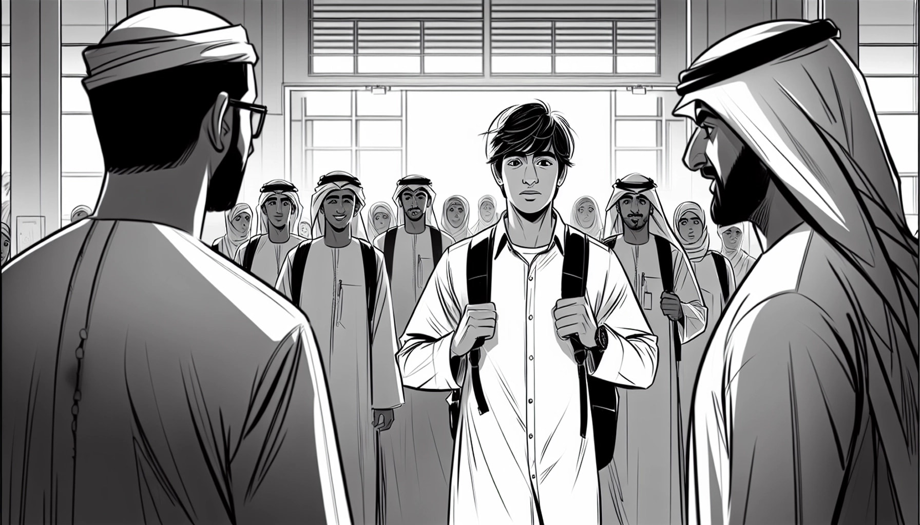 Wide shot of the school entrance in the morning in Dubai, Emirati students entering with an exciting background score. A medium shot of Saif walking towards his friend Nasser, who looks worried. Other students are whispering around them. Camera angle switches to an over-the-shoulder shot focusing on Nasser's anxious expression.
