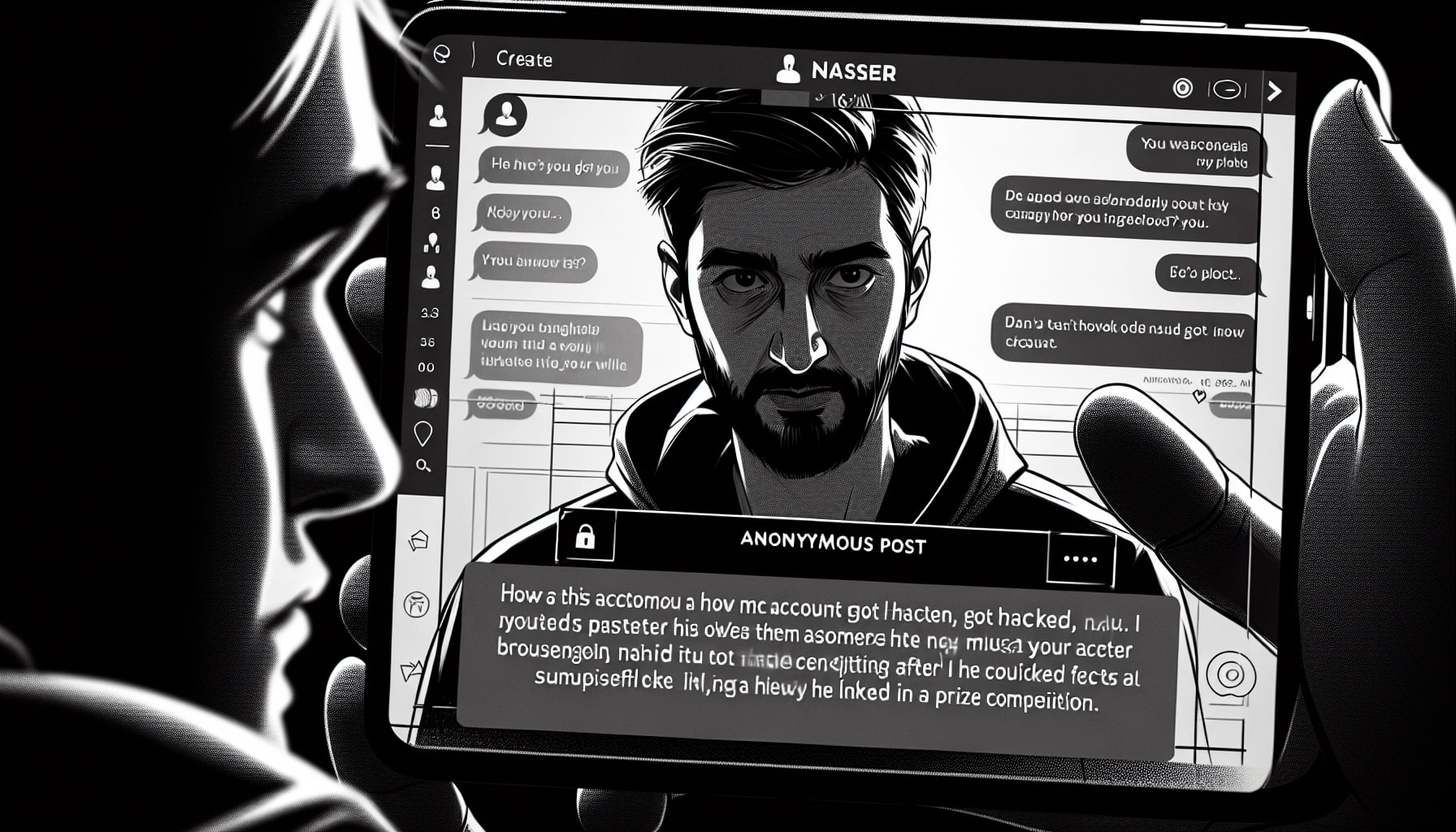 Close-up shot of a smartphone screen displaying an anonymous post on Nasser's account. The camera angle is over-the-shoulder as Saif and Nasser look at the screen. The lighting emphasizes the tension in the scene.