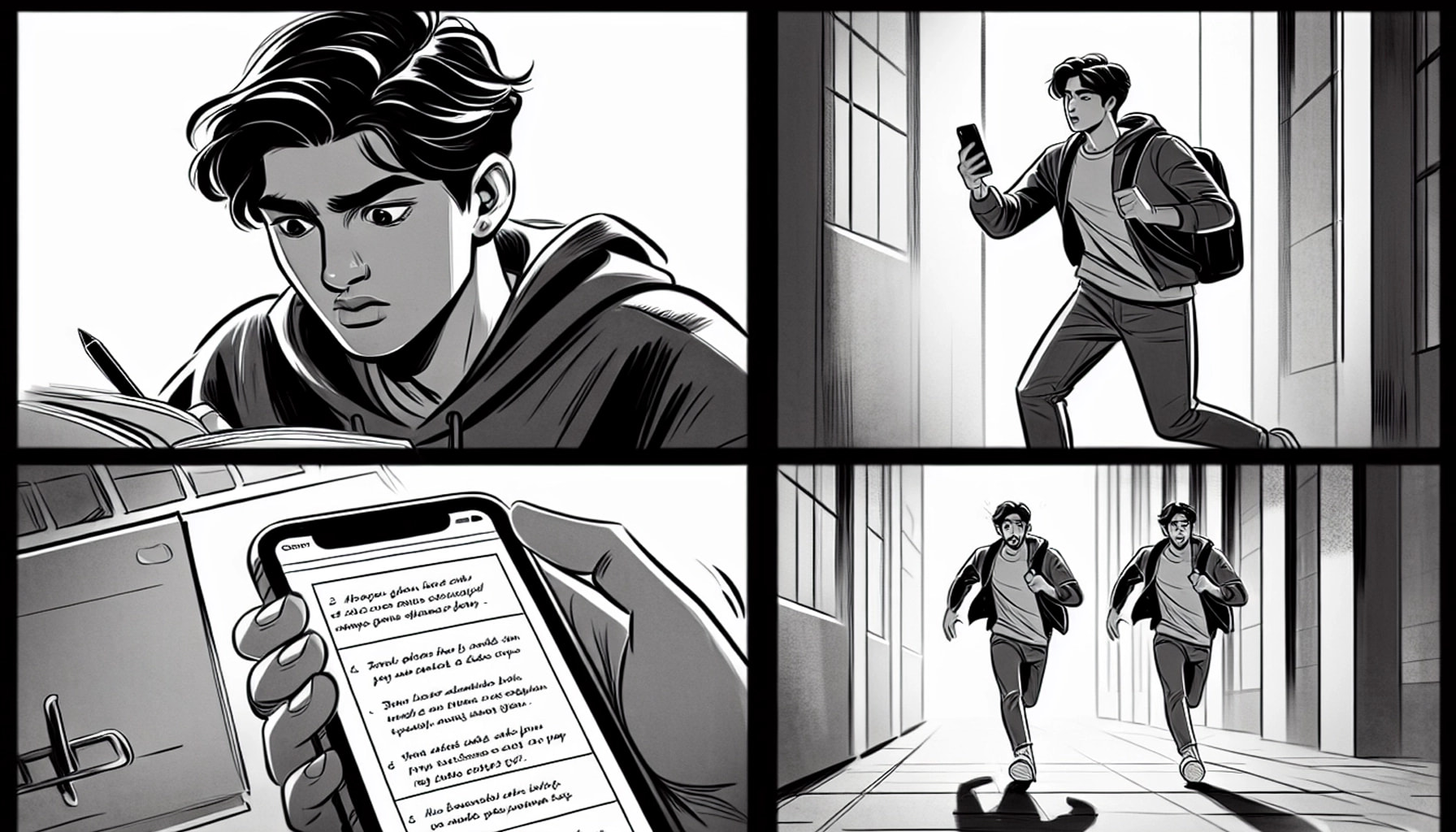 Medium shot of Saif walking with a focused expression, reviewing his notes on his phone. Nasser runs towards Saif in panic. Cut to a close-up of Saif’s shocked face upon hearing the news.