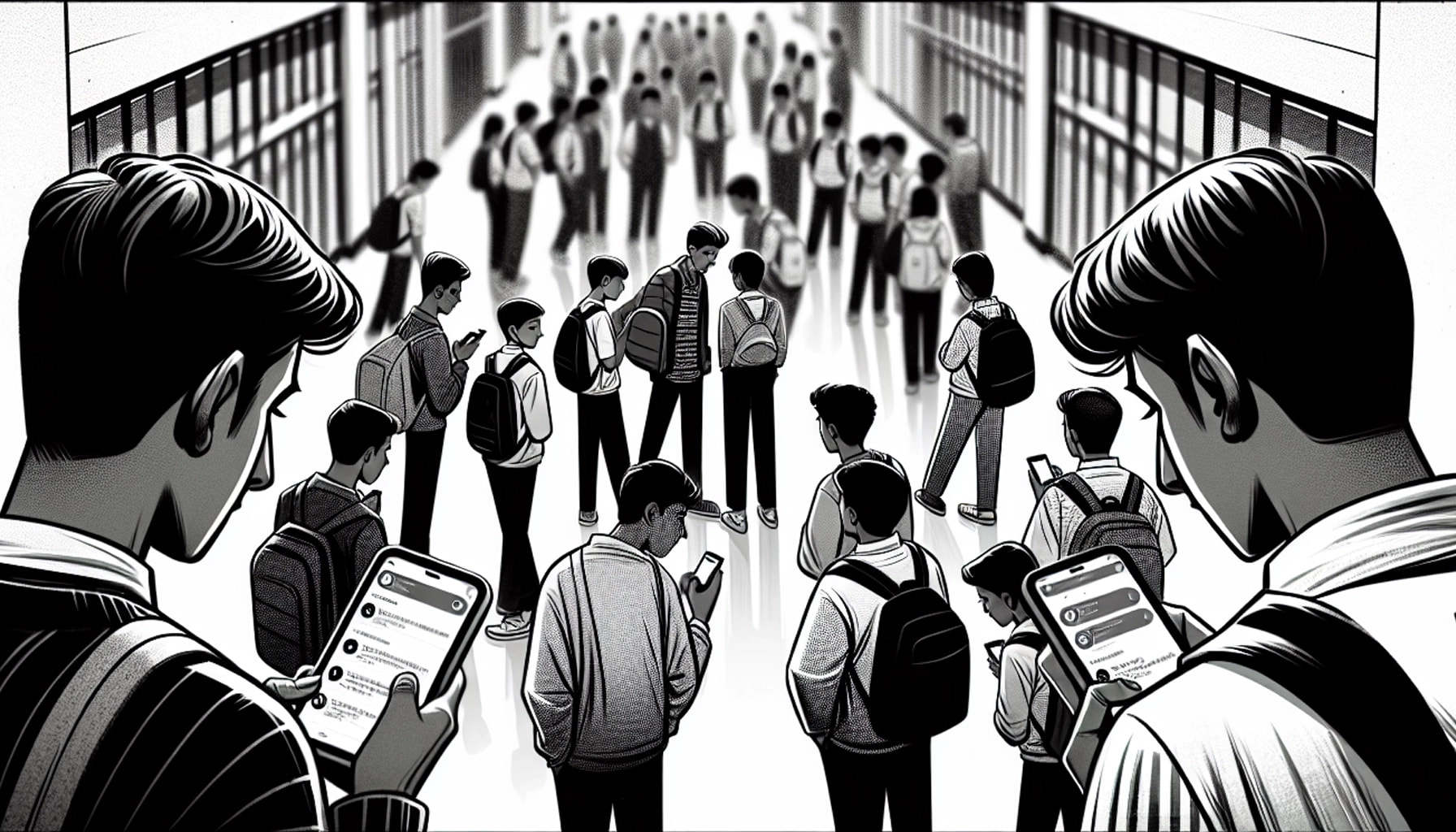 Cut to various flash cuts of students in the hallway, viewed from a bird's-eye angle, whispering and looking at their phones as notifications pop up. Close-ups of mocking comments and Nasser’s photos appearing on their screens.