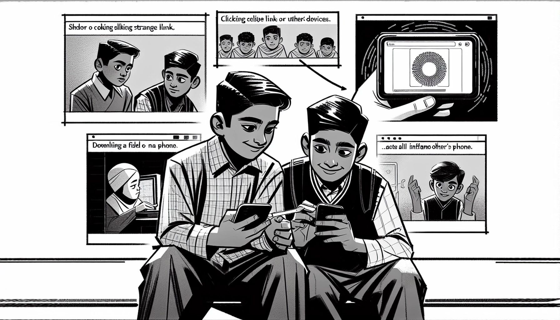 Medium intimate shot of Saif and Nasser sitting on the school steps, scrolling through the phone. Flashback in black and white shows Abdullah mischievously downloading a file on Nasser’s device.