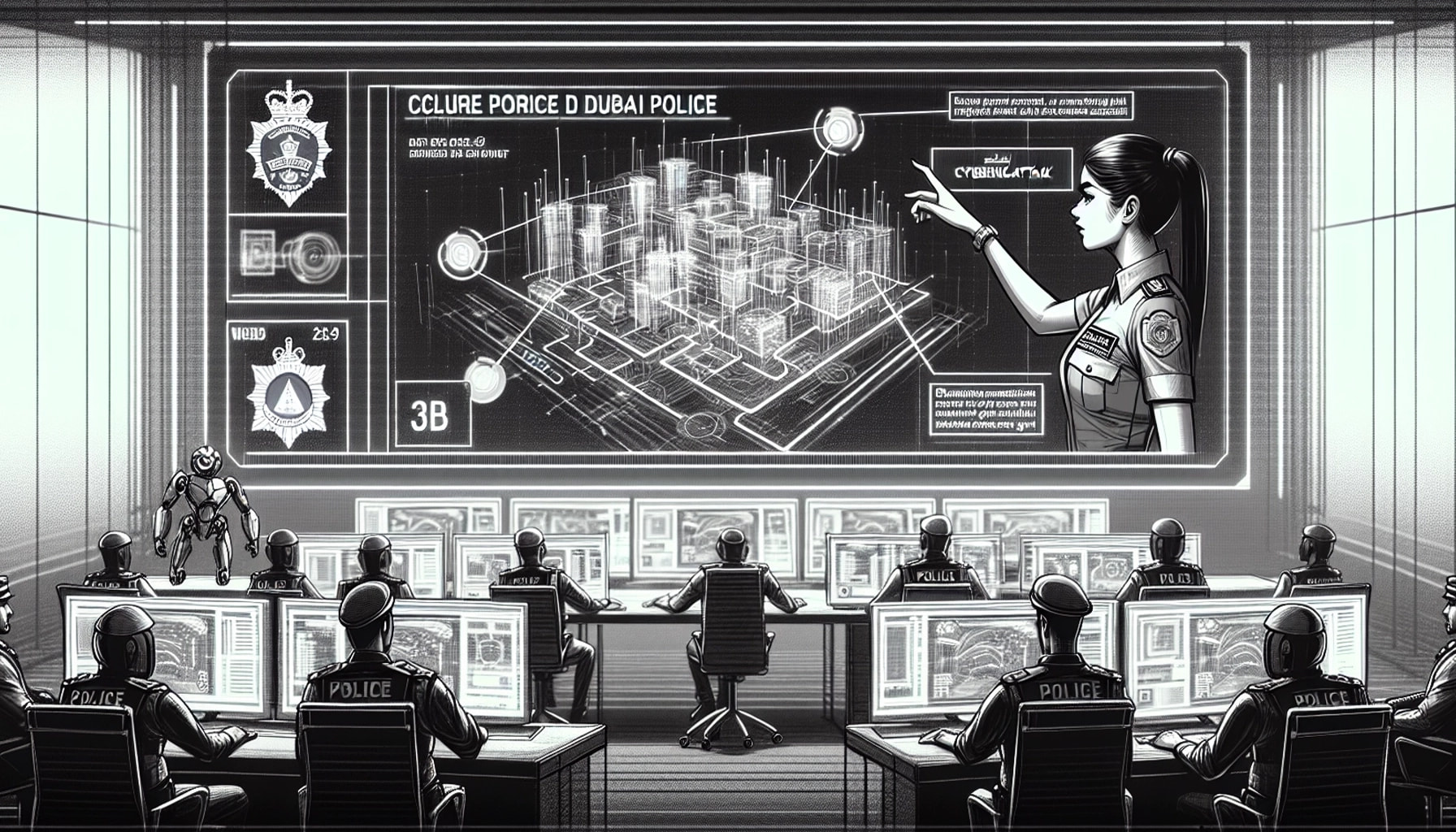 Panoramic shot of Dubai Police's cybercrime room, then swiftly moves to a 3D interactive screen showing the hacking route. Close-up of Captain Dana explaining the attack. Cut to a visualization by robot DB demonstrating the hacking process.