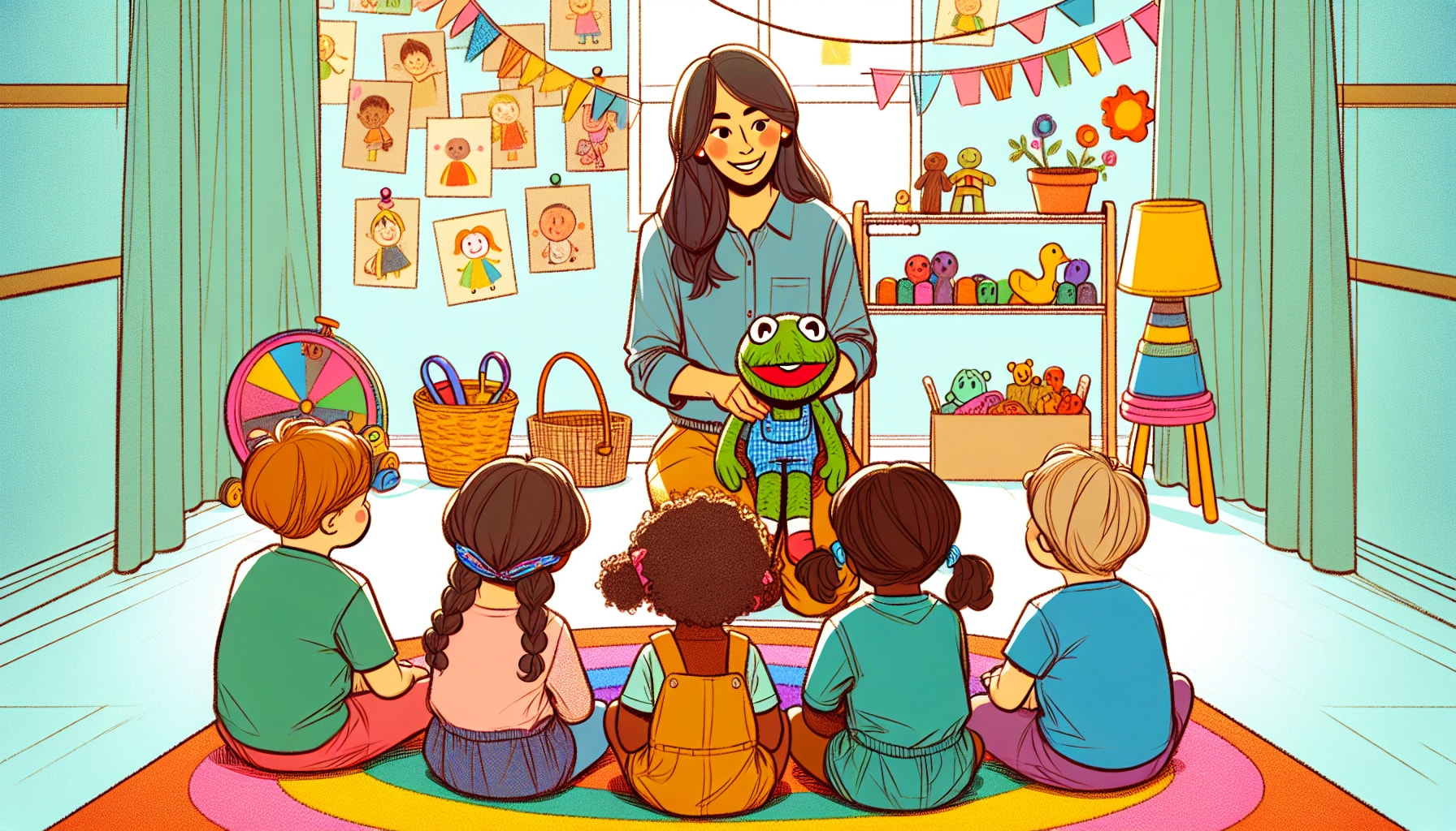 The scene opens in a bright, colorful playroom. The camera angle is medium-wide, showing four preschoolers sitting in a circle on a colorful rug. Their teacher, Ms. Mae, stands nearby holding a large puppet. The room is filled with toys and children's drawings.