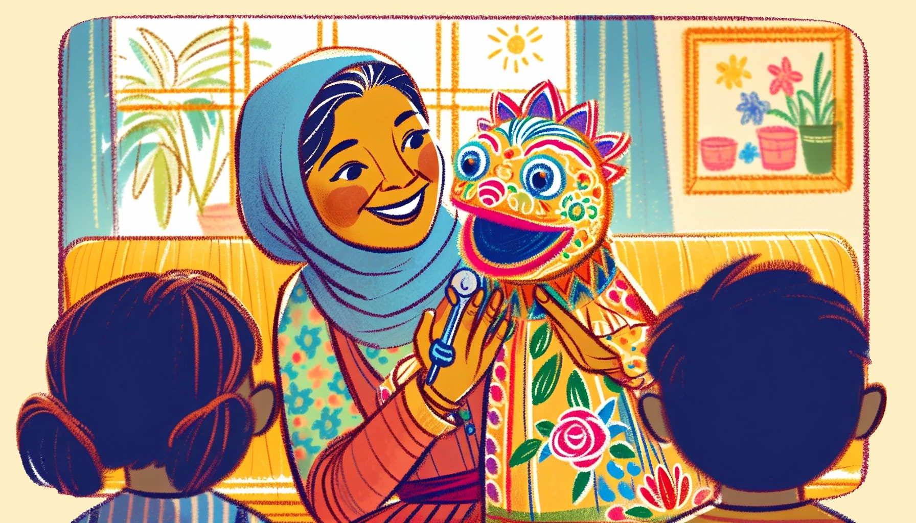 Close-up of Ms. Mae, a kind woman in her 30s, holding a large, colorful puppet that springs to life energetically. The puppet's mouth moves as it begins to speak, engaging the children.