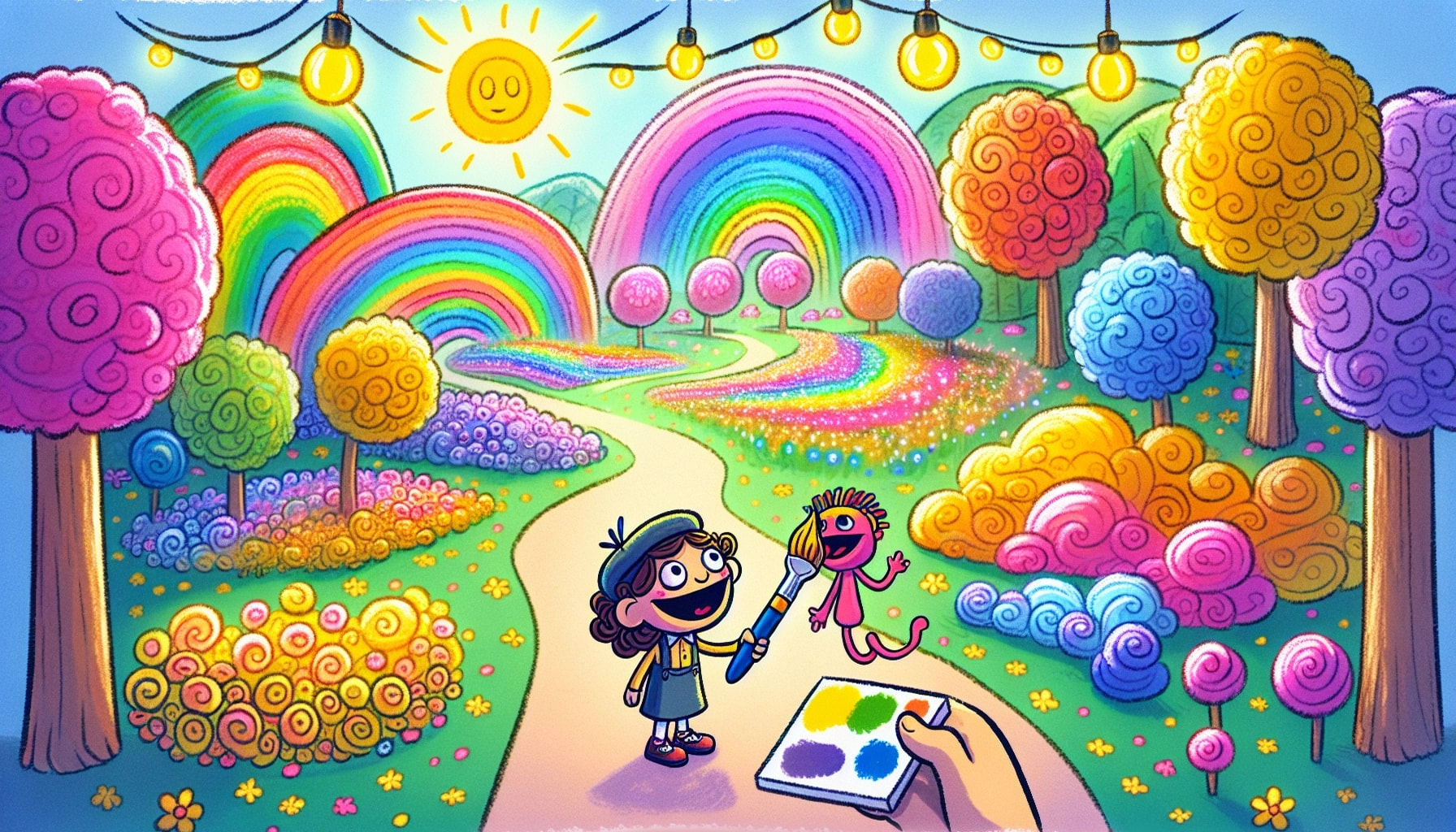 'Cut to a magically painted park filled with vibrant glowing colors, depicted with wide angle to capture the entire scene. Puppet Pal is in the foreground with a paintbrush, introducing Tiny Tina, a small girl with curly hair and a big smile, coming into the frame.'