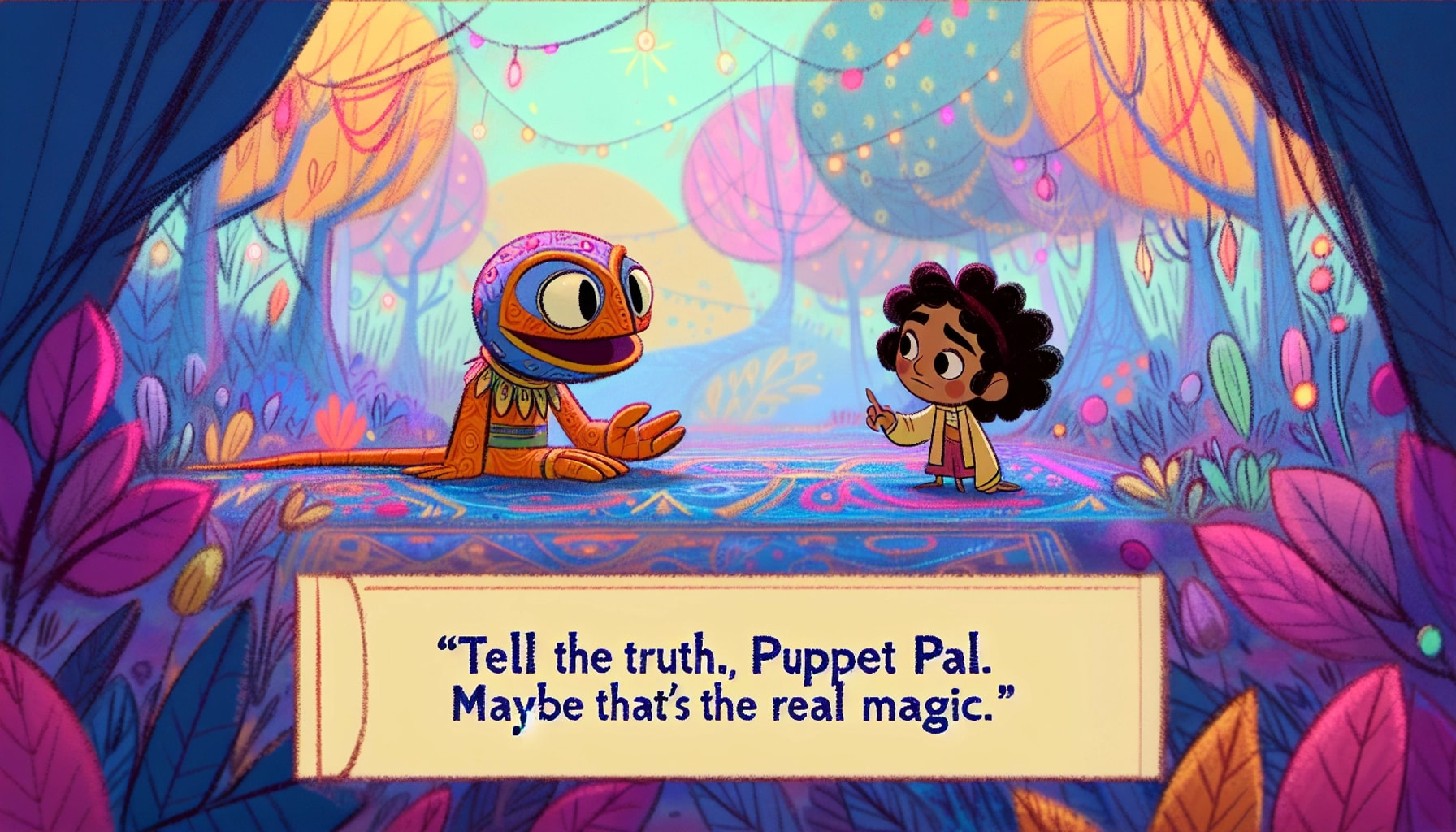 'Medium shot of Puppet Pal and Tiny Tina. Puppet Pal looks nervous as the colors around begin to fade. Tina, with a compassionate expression, suggests telling the truth.'